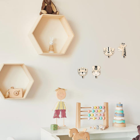 4 Qunclay Pcs Safari Animal Wall Hooks for Kids, Wooden Jungle Baby Safari Nursery Decor Hooks, Cute Lion Zebra Giraffe