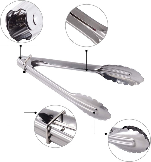 Mini Stainless Steel Food Tongs with Sliding Rings 7-Inch, Set of 6 Small Clam Shell Service Tongs for Appetizers,