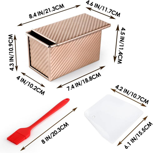 Pullman Loaf Pan with Lid Non-Stick Bread Toast Mold with Cover Carbon Steel Corrugated Bread Pan for Oven Baking 1lb Dough Capacity Bread Tin with Dough Scraper Cutter & Oil Brush