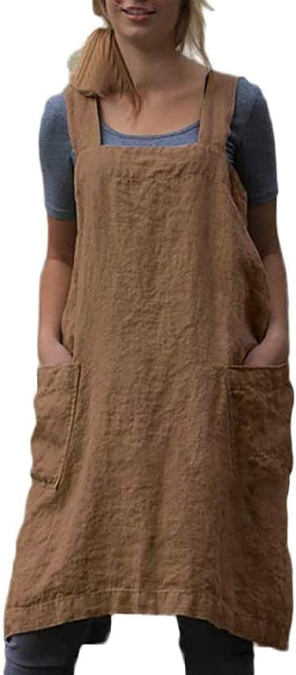 Women's Cross Back Pinafore Apron with Pockets, Cotton Linen Dress, Plus Size
