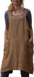 Women's Cross Back Pinafore Apron with Pockets, Cotton Linen Dress, Plus Size