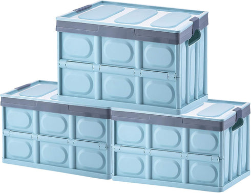 Phyllia Foldable Storage Boxes with Lids, 3 Pack Collapsible Plastic Bins, Stackable Utility Crates (Blue, 30L)