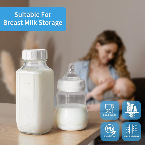 6 Pack 16 Oz 2 100% 2 Glass Juice Bottles with Pour Spouts, Airtight Heavy Duty SCREW Lid- Reusable Glass Milk Bottles