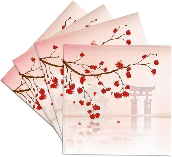 3dRose Set of 4 Ceramic Tile Coasters, Pretty Cherry Blossoms Against Oriental Scene
