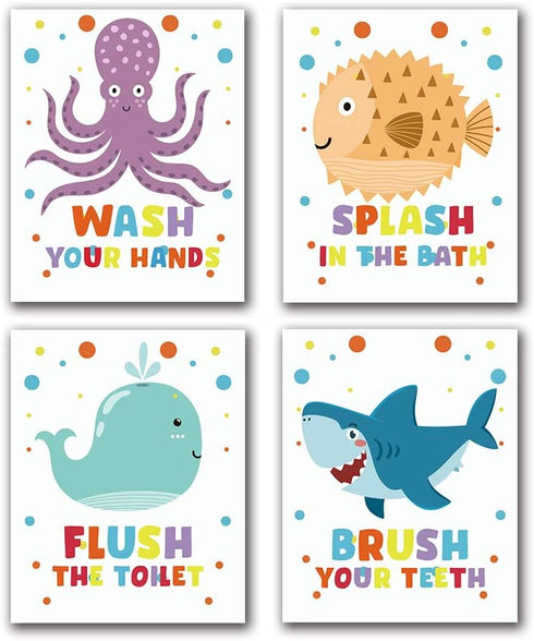 Funny Colorful Bathroom Ocean Life Quotes Art Print, Set of 4 8X10 inch Canvas Wall Art for Kids Washroom