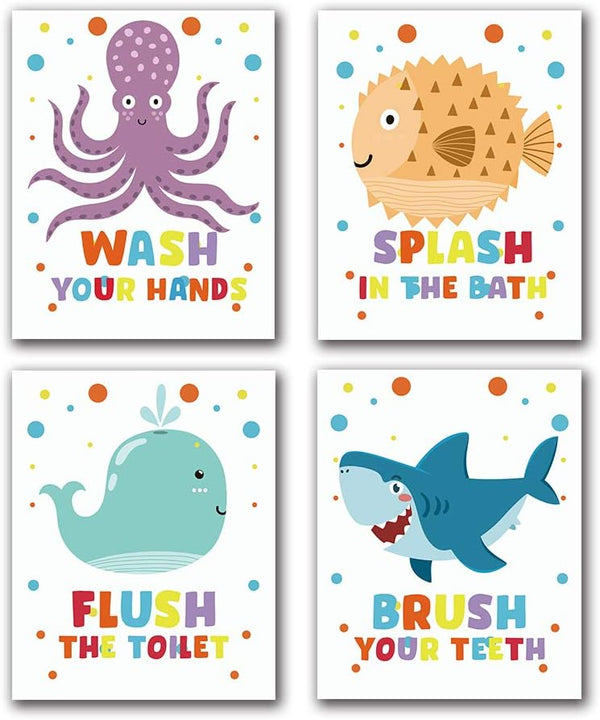Funny Colorful Bathroom Ocean Life Quotes Art Print, Set of 4 8X10 inch Canvas Wall Art for Kids Washroom