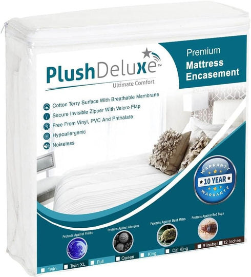 PlushDeluxe Queen Size Premium Mattress Encasement - Waterproof, Bedbug Proof, 6-Sided Protection