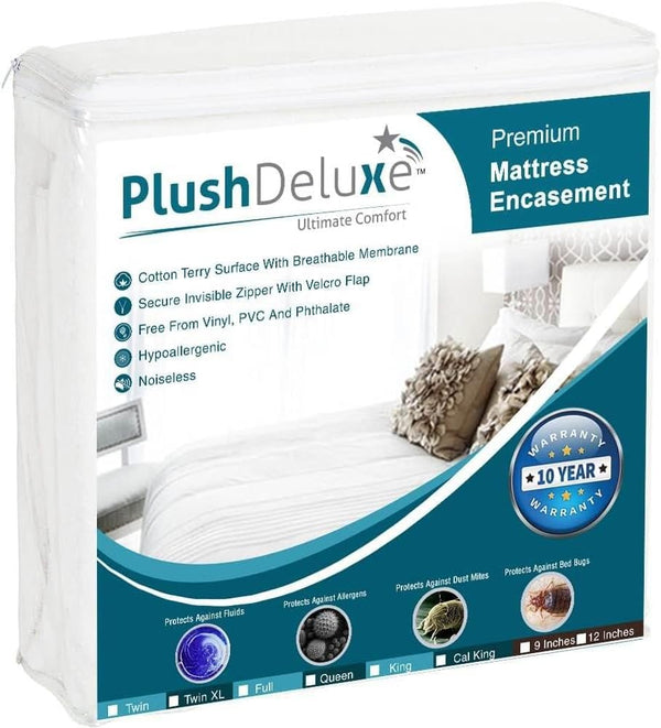 PlushDeluxe Queen Size Premium Mattress Encasement - Waterproof, Bedbug Proof, 6-Sided Protection