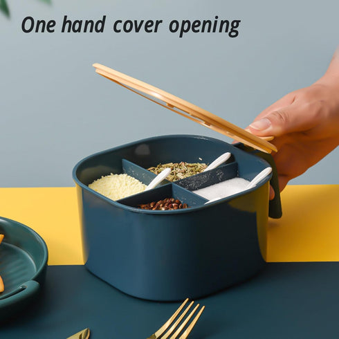 Seasoning Box With Lid, 4 Compartments Seasoning Rack Spice Pots with Handle and 4 Spoons Home Kitchen Condiment Jars for Sugar Salt Pepper(Blue)