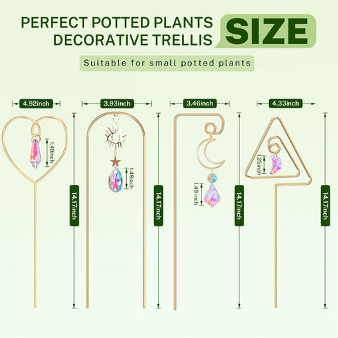 14.17 Inch 4 Pack WellSign Small Trellis for Potted Plants Indoor with Colorful Crystal Sun Catcher, Metal Plant