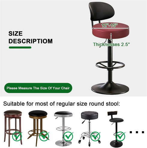 Set 6, 12-15 Inch FUANGUI Bar Stool Covers Round of Waterproof PU Seat Covers With Elastic Bands, Chair Covers Washable