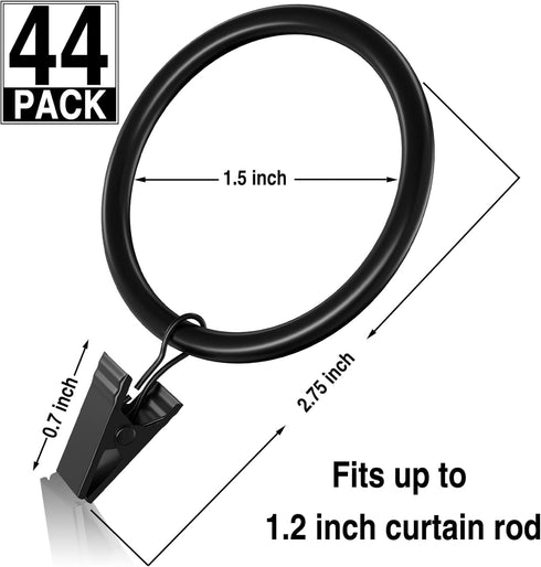 44pcs Rustproof Curtain Rings with Clips Hooks, 1.5 inch Matte Metal Stainless Steel Drapery Rings for Tension Rods,