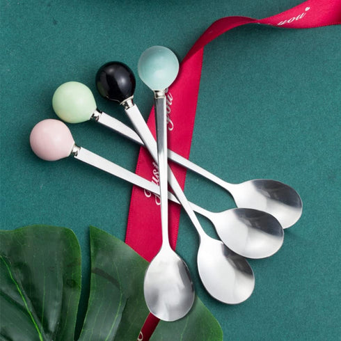 Stainless Steel Coffee Spoon, Teaspoon, Sugar Spoon, Korean Dessert Spoon with Ceramic Ball, 4 Pieces 5.5 Inches Green