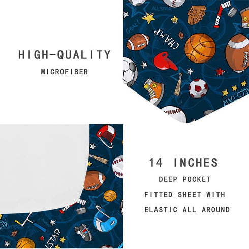 3D Set Boys Sports Fitted Sheet Twin Size Soccer Basketball Baseball Football Bedding for Kids Teens Bedroom Comfy Deep