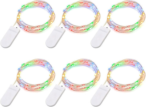Fairy Lights Micro Silver Wire String Lights, 20 LEDs, 6.6Ft/2Meter, CR2032 Battery Operated (Multi-Colour, 6 Pack)