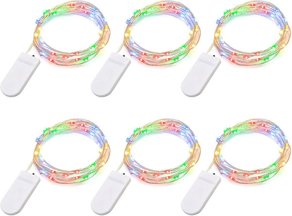 Fairy Lights Micro Silver Wire String Lights, 20 LEDs, 6.6Ft/2Meter, CR2032 Battery Operated (Multi-Colour, 6 Pack)