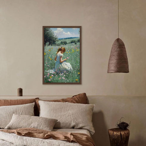 16x24 Inches Framed Girl in Wildflower Meadow Wall Art Impressionist Oil Painting Print on Canvas, Pastoral Nature