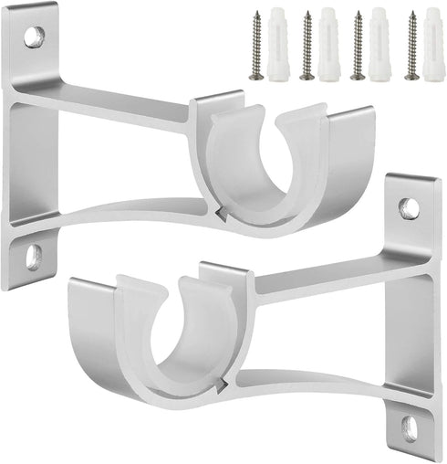 Sturdy Curtain Rod Brackets, Silver, Holds 1 to 1.25 Inch Rods, Wall Mount, Set of 2