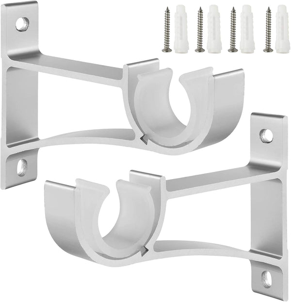 Sturdy Curtain Rod Brackets, Silver, Holds 1 to 1.25 Inch Rods, Wall Mount, Set of 2