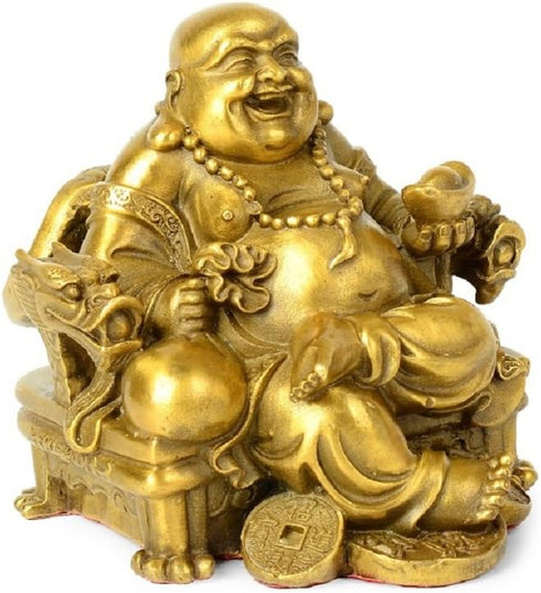 Fengshui Buddha Statue for Lucky & Happiness, God of Wealth Laughing Buddha on Dragon Chair, Brass Home Decor