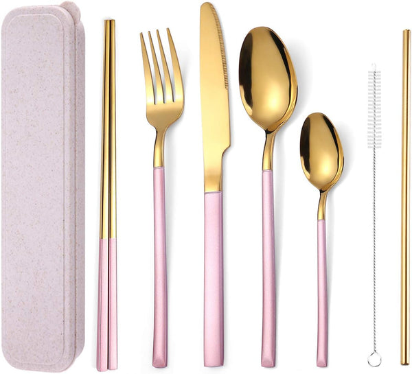 AARAINBOW 7 Pieces Stainless Steel Flatware Set, Portable Reusable Cutlery Set Including Knife, Fork, Spoon (Pink