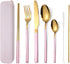 AARAINBOW 7 Pieces Stainless Steel Flatware Set, Portable Reusable Cutlery Set Including Knife, Fork, Spoon (Pink