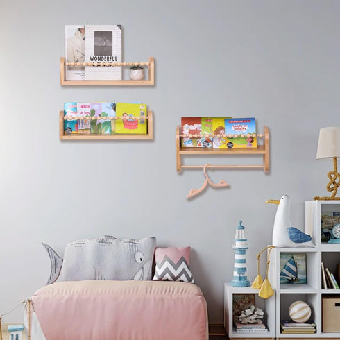 SAG's store Set 3 15.7" Floating Nursery Shelves - of Natural Wood Wall-Mounted Bookshelves for Kids Room, Baby Room