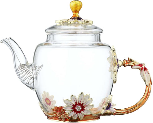 Teabloom Glass Blooming Tea Teapot for Women, Blue Rose Floral Teapot with Gold, 10.15oz/300ml Deep Coffee Color