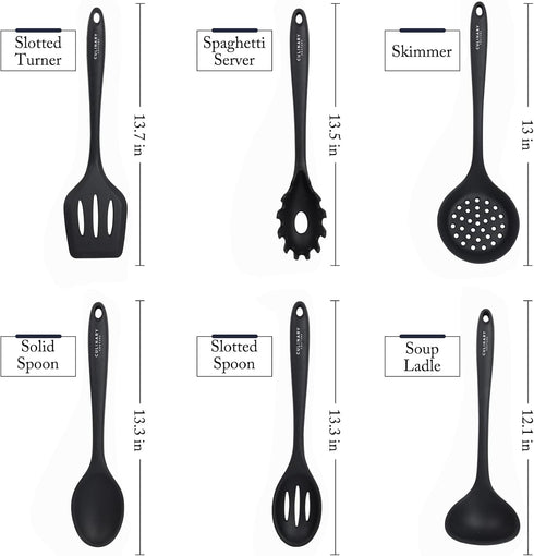 Culinary Couture Black Silicone Kitchen Utensils Set of 6, Non-Stick Heat-Resistant Kitchen Utensils with Steel Inner