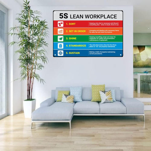 5S Lean Workplace Landscape Sign - Metal Tin Signs for Home, Office, Garages, Restaurants, Wall Decor 12x8 Inch
