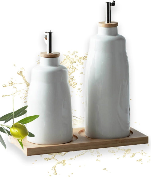 Ceramic Olive Oil Vinegar Dispenser Bottle Set with Bamboo Tray, 10 OZ