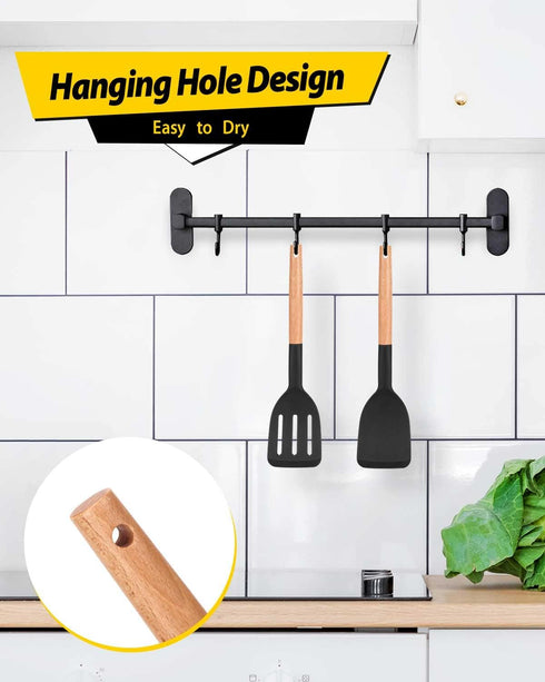 Pack of 2 Silicone Cooking Spatula - Heat Resistant Solid Turner, Non Stick Slotted with Wooden Handle, Ideal Utensils