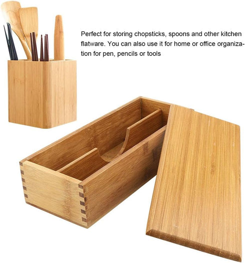 Tomotato Wooden Chopsticks Storage Box - Bamboo Silverware Organizer with Lid for Home Kitchen