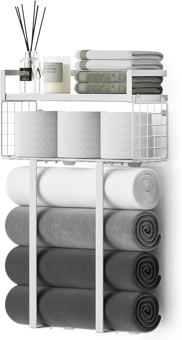 Towel Racks for Bathroom, Floating Shelves with Towel Rack and Paper Holder, Over Toilet Storage, Silver
