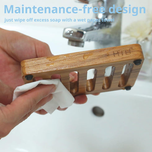 HTB Slotted Soap Dish 2 Pack Teak Wood, Self Draining Kitchen Sponge Holder for Shower, Sink, Bathroom