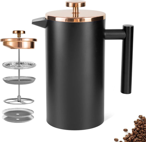 Stainless Steel French Press Coffee Maker 1500ml, Black Double-Wall Insulated Large French