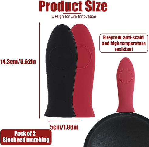 2 Pack Silicone Pan Handle Sleeve, Heat Resistant Cast Iron Skillet Handle Covers for Pots and Pans, Assist Handle Holder Grip for Kitchen Frying Griddles Cookware (Red & Black) by Huakaile