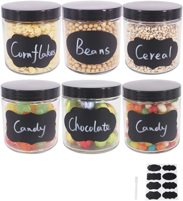 6 Pack 16 oz Glass Jars with Plastic Lids, Kitchen Canisters for Pantry Organization, Food Storage Jars, 8 Chalk Labels