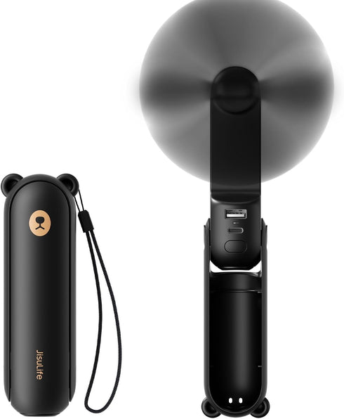 JISULIFE Handheld Mini Fan, 3 IN 1 USB Rechargeable Pocket Fan with Power Bank, Flashlight, Gifts for Women, Black