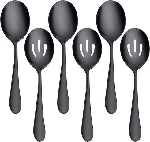 AOOSY 8.7 Inches Matte Black Utility Skimmer, 8 3/4" Stainless Steel Serving Spoons Set x 3, Slotted Spoons x 3 for