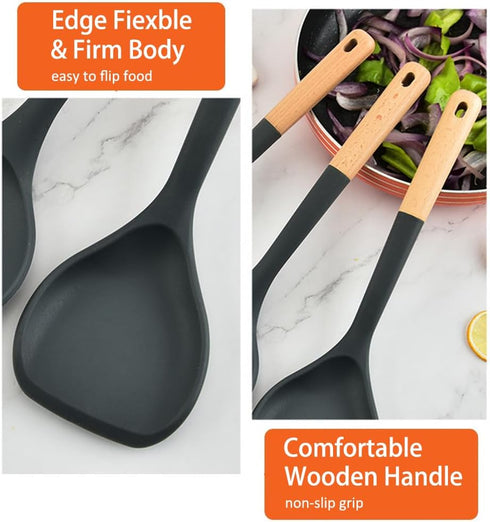Wok Spatula, Silicone Turner with Heat Resistant Wooden Handle, Kitchen Utensil for Scooping, Flipping, Stirring