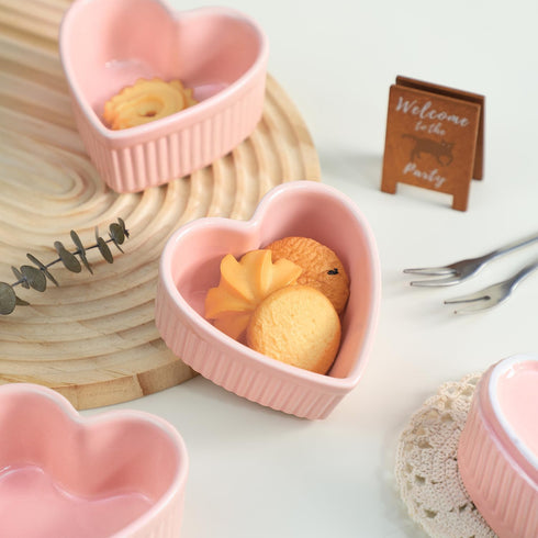 Sizikato Heart-Shaped Porcelain Souffle Dishes, Ramekins - 3.5 Inches, Set of 4 for Souffle, Creme Brulee