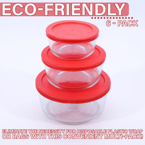 CIBI Food Storage Container Lids (2 Cups, Red - 6PK) for Pyrex and Anchor Round Glass Containers