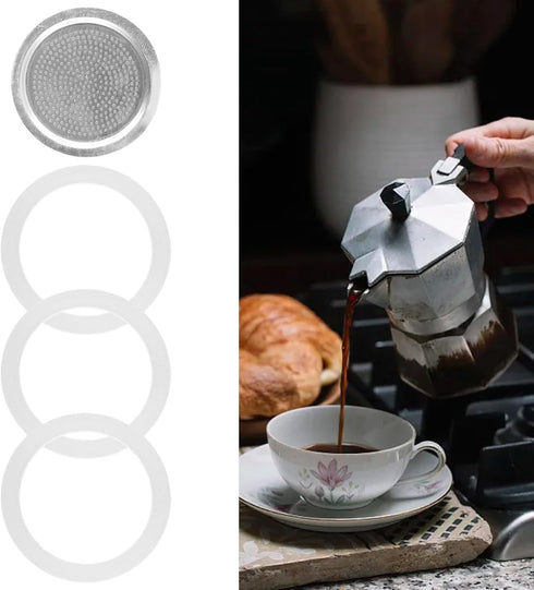 Silicone Gaskets Stainless Filter Replacement Set for Moka Coffee Maker (6 cup)