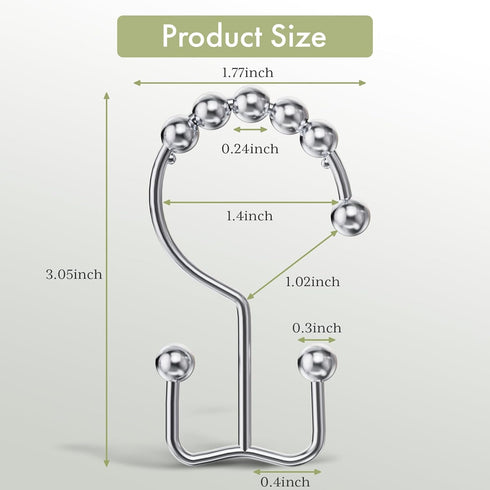 Amazer Shower Curtain Hooks Rings - Rust-Resistant Stainless Steel Double Hooks, Set of 12, Chrome