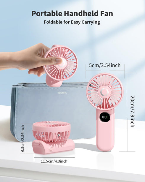Handheld Fan, Foldable Portable Fan with LED Display, 3000mAh Battery Operated Mini Hand Held Fan for Eyelash Makeup