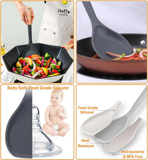 Wok Spatula, Silicone Turner with Heat Resistant Wooden Handle, Kitchen Utensil for Scooping, Flipping, Stirring
