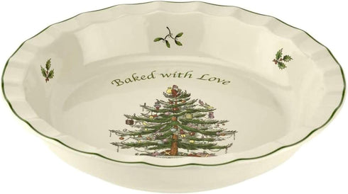 Spode Christmas Tree 10-Inch Pie Dish - Round Baking Dish for Holiday Desserts, Dishwasher, Microwave Safe
