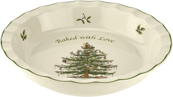 Spode Christmas Tree 10-Inch Pie Dish - Round Baking Dish for Holiday Desserts, Dishwasher, Microwave Safe