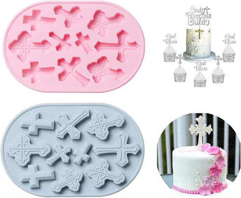 OURASHERO 2pcs Silicone Cake Fondant Mold, Cross Shape Cupcake Topper with Liquid Dropper for Baby Shower Party Supplies